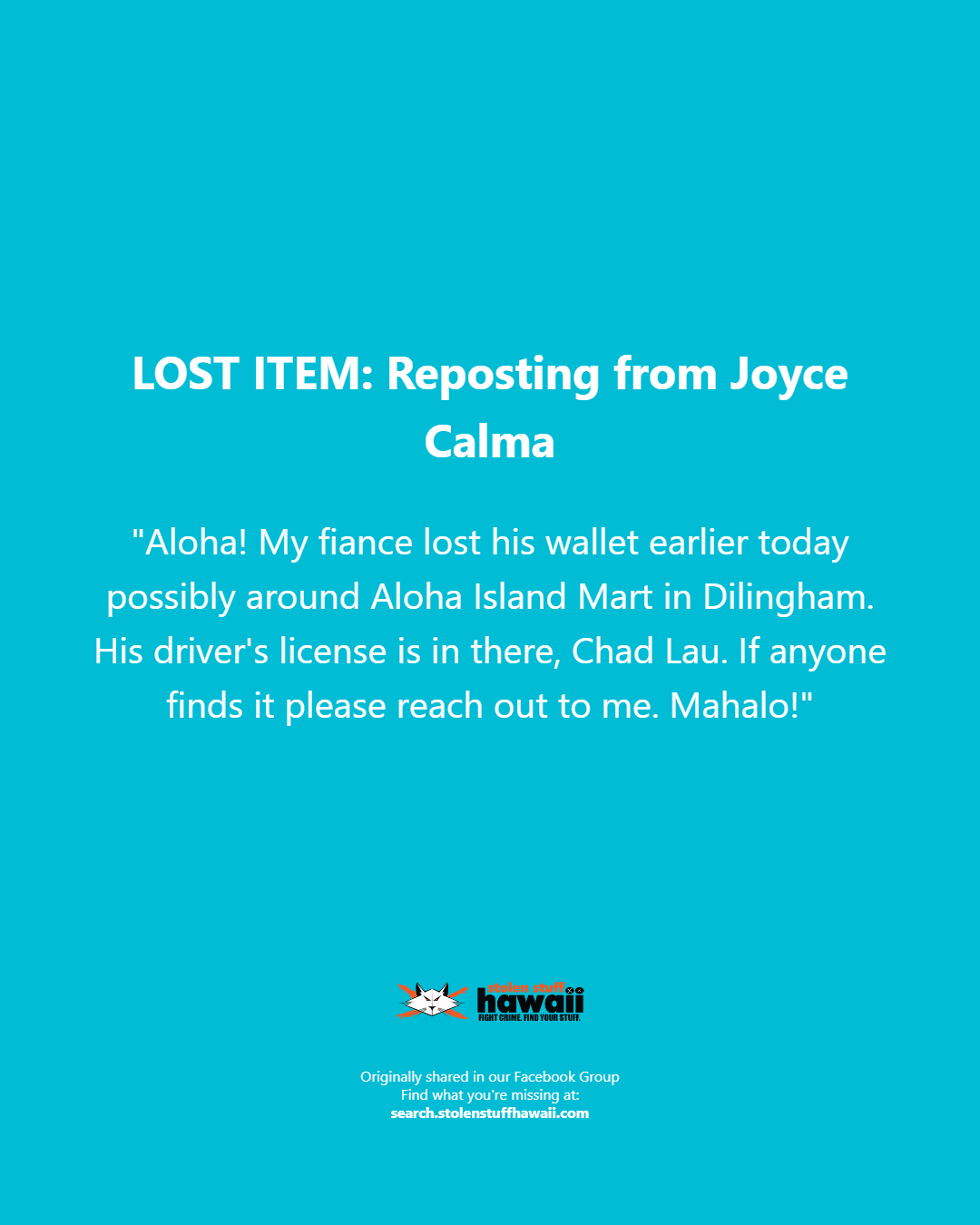 LOST ITEM - Oahu | Stolen Stuff Hawaii