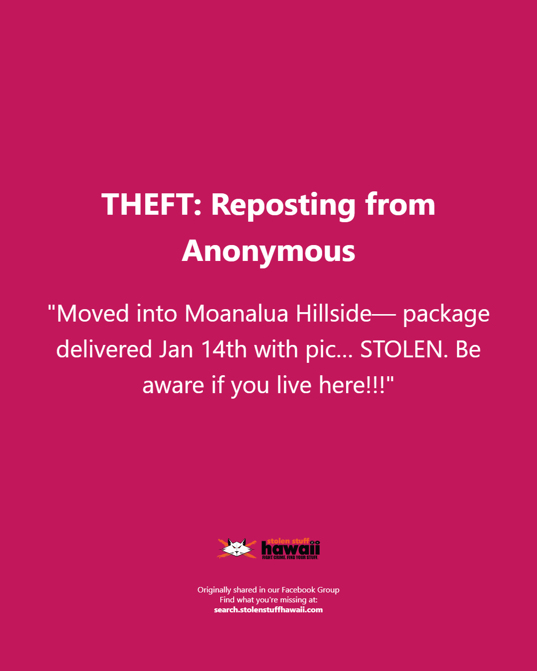 THEFT - Oahu | Stolen Stuff Hawaii