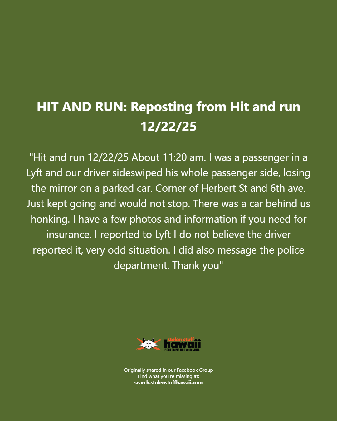 HIT AND RUN - Oahu | Stolen Stuff Hawaii