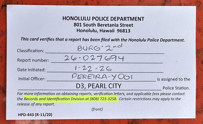 BURGLARY - Oahu | Stolen Stuff Hawaii