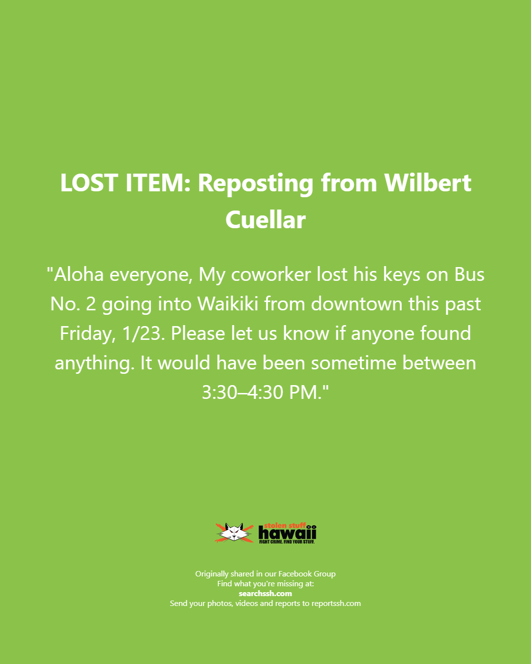 LOST ITEM - Oahu | Stolen Stuff Hawaii