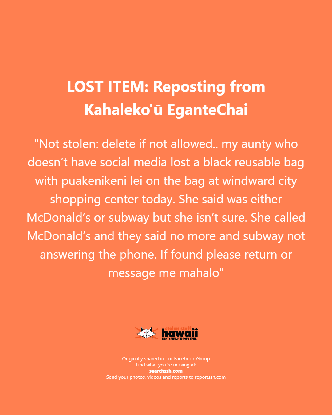 LOST ITEM - Oahu | Stolen Stuff Hawaii