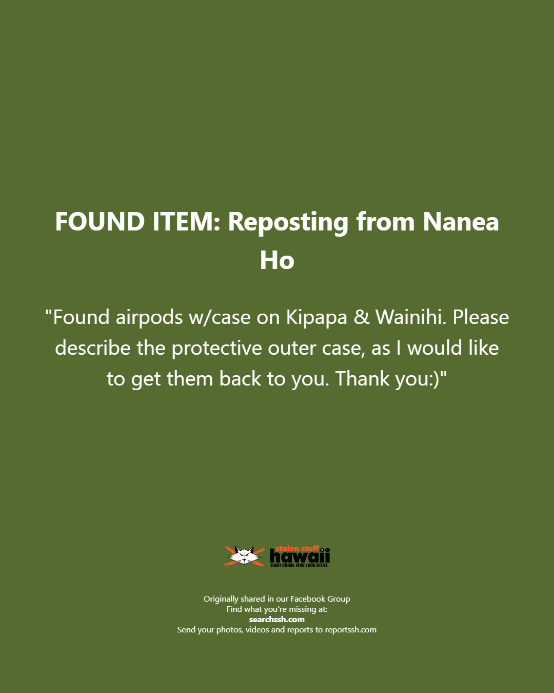 FOUND ITEM - Oahu | Stolen Stuff Hawaii