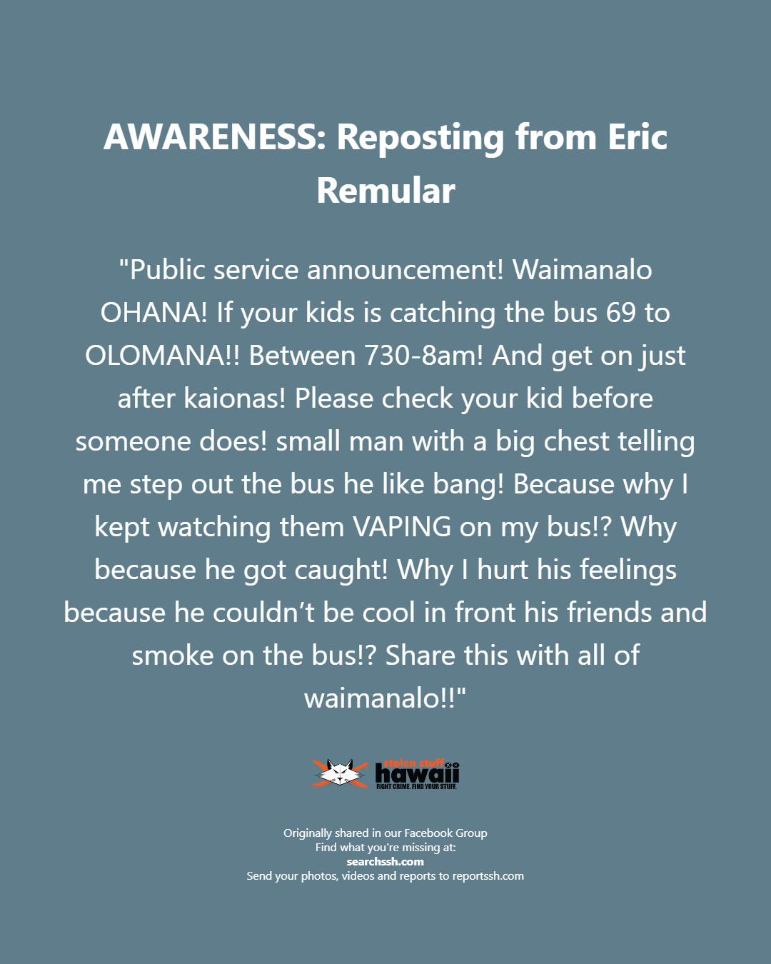AWARENESS - Oahu | Stolen Stuff Hawaii