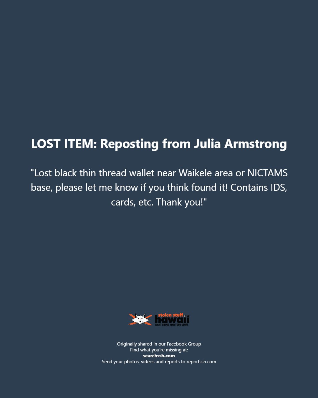 LOST ITEM - Oahu | Stolen Stuff Hawaii