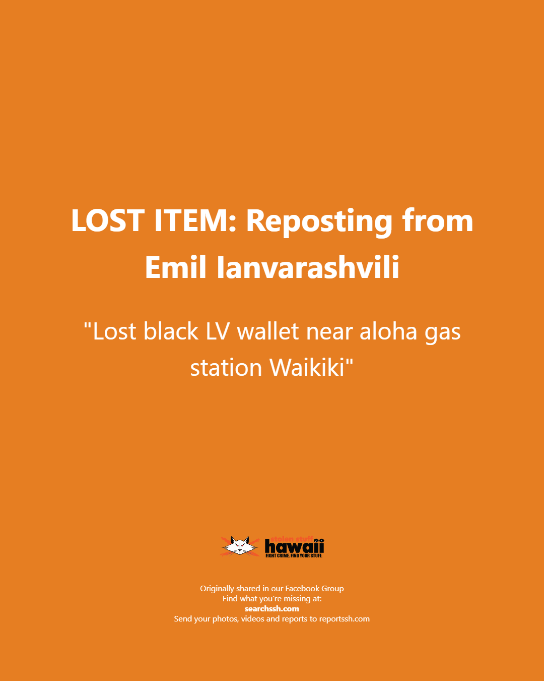 LOST ITEM - Oahu | Stolen Stuff Hawaii