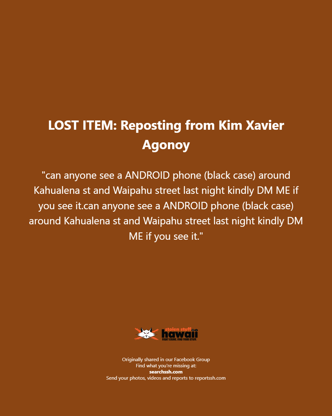 LOST ITEM - Oahu | Stolen Stuff Hawaii
