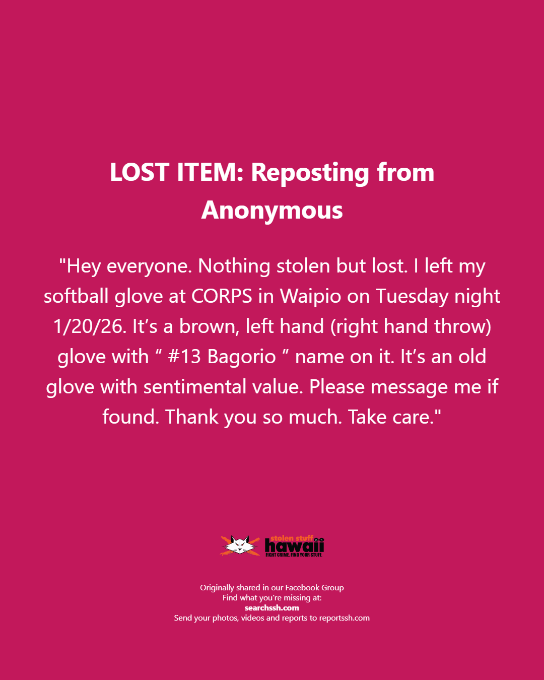 LOST ITEM - Oahu | Stolen Stuff Hawaii