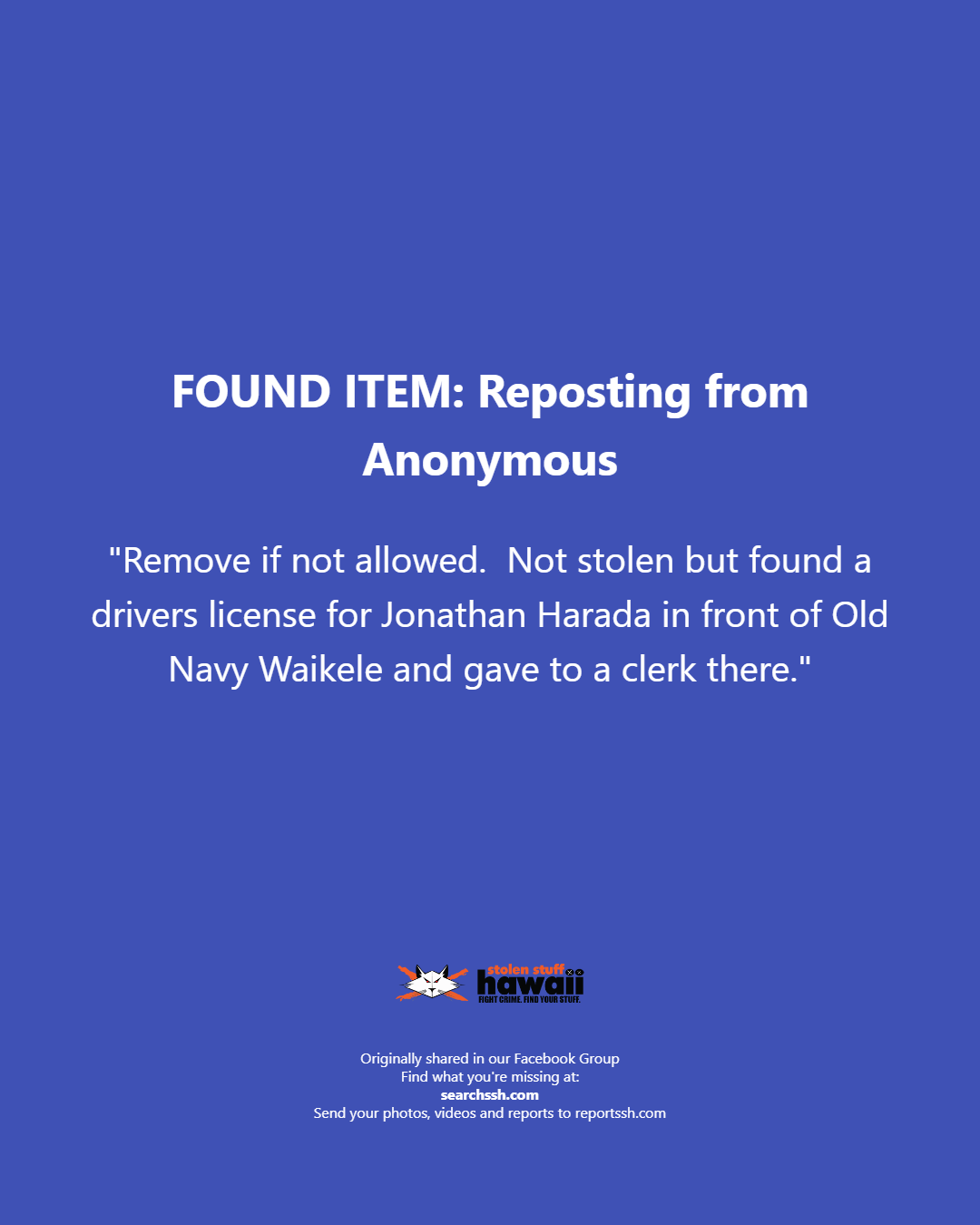 FOUND ITEM - Oahu | Stolen Stuff Hawaii