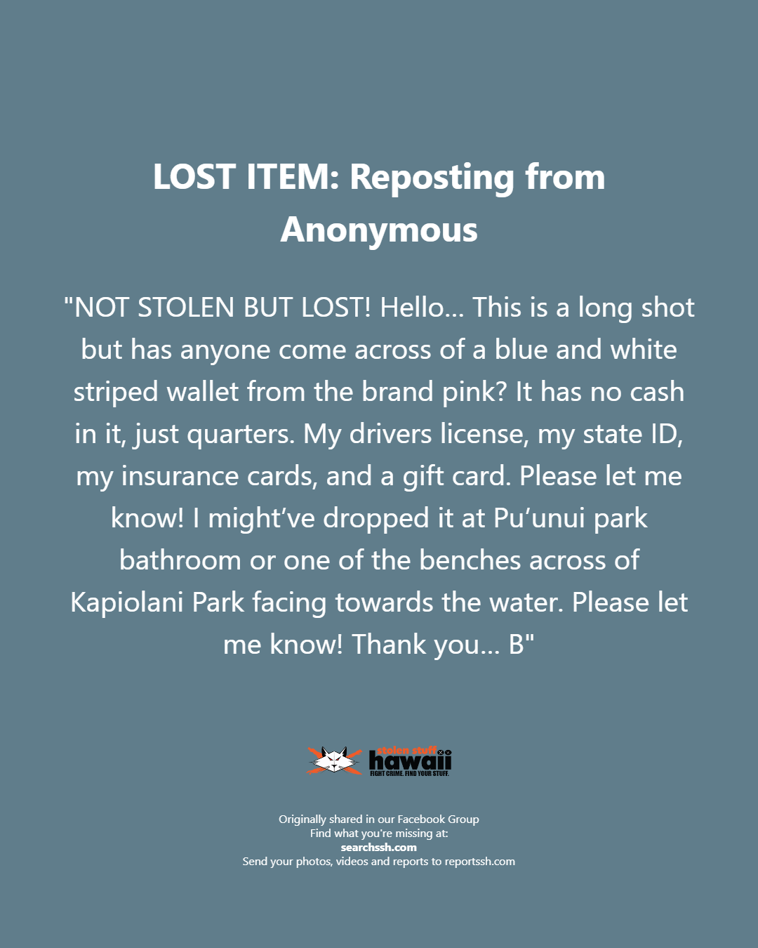 LOST ITEM - Oahu | Stolen Stuff Hawaii