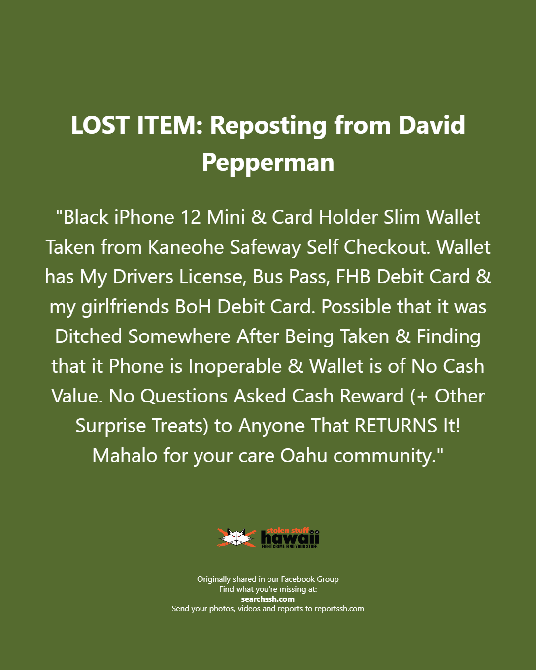 LOST ITEM - Oahu | Stolen Stuff Hawaii