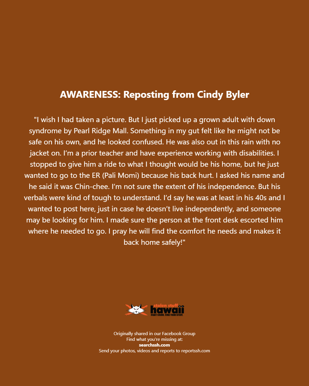 AWARENESS - Oahu | Stolen Stuff Hawaii