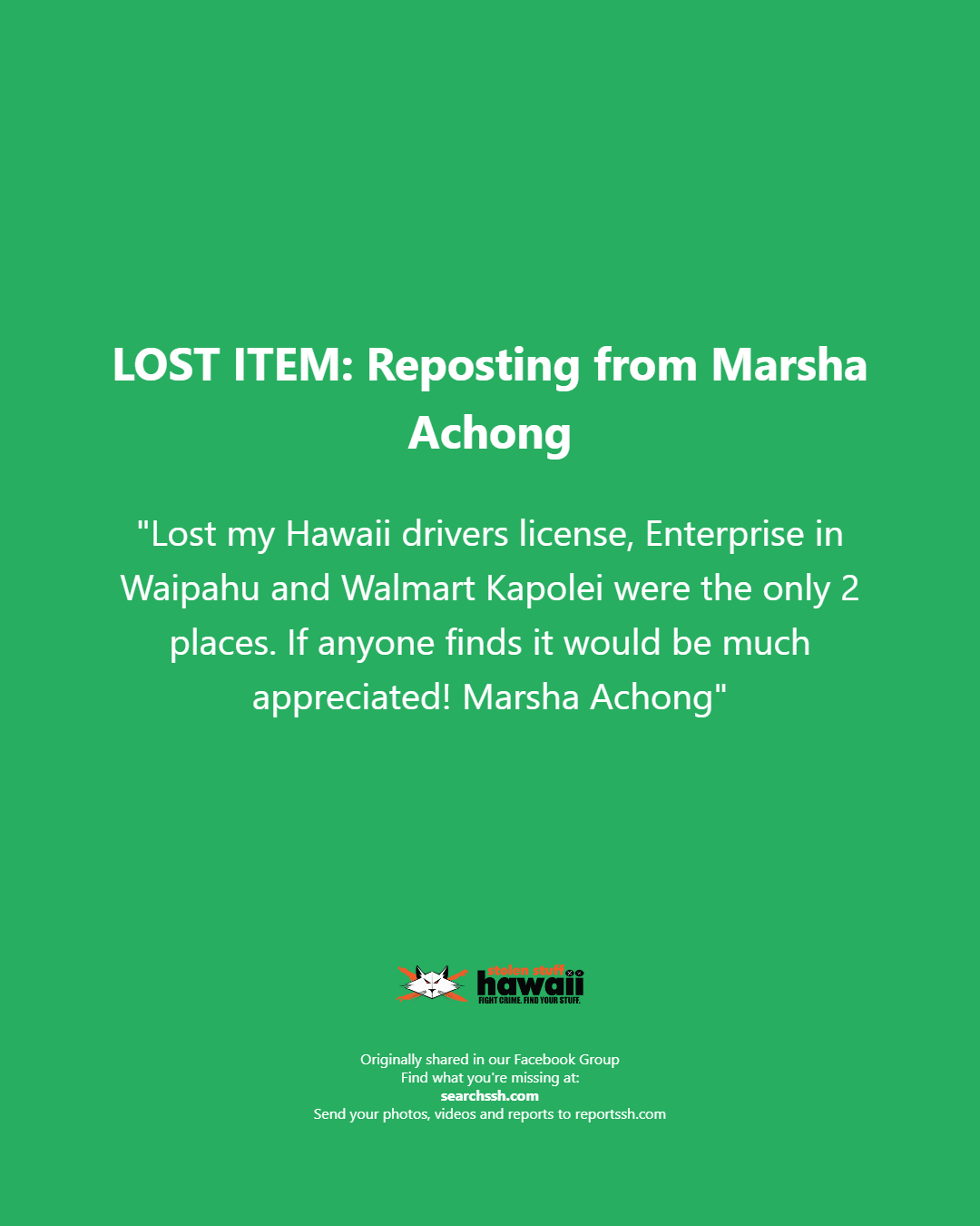 LOST ITEM - Oahu | Stolen Stuff Hawaii