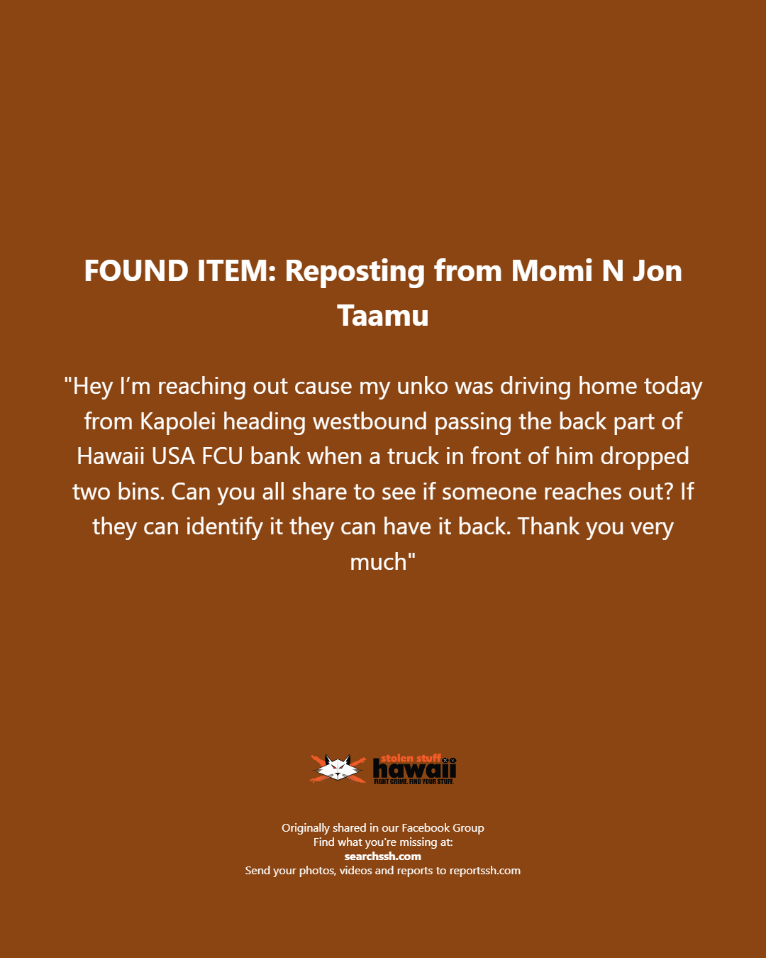 FOUND ITEM - Oahu | Stolen Stuff Hawaii