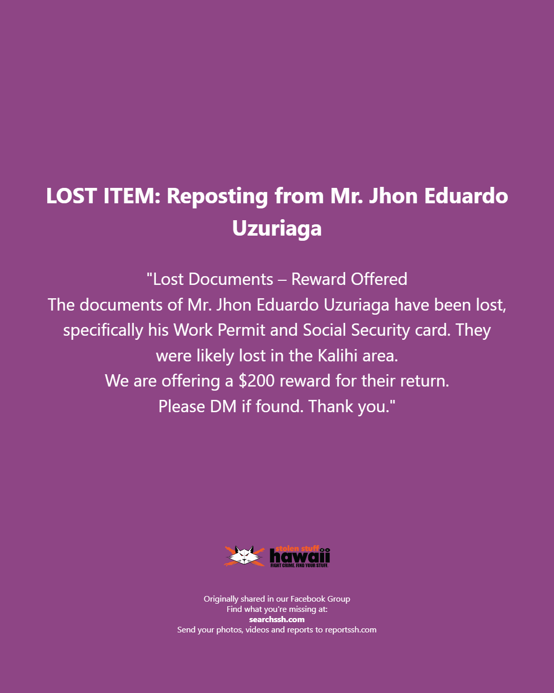 LOST ITEM - Oahu | Stolen Stuff Hawaii