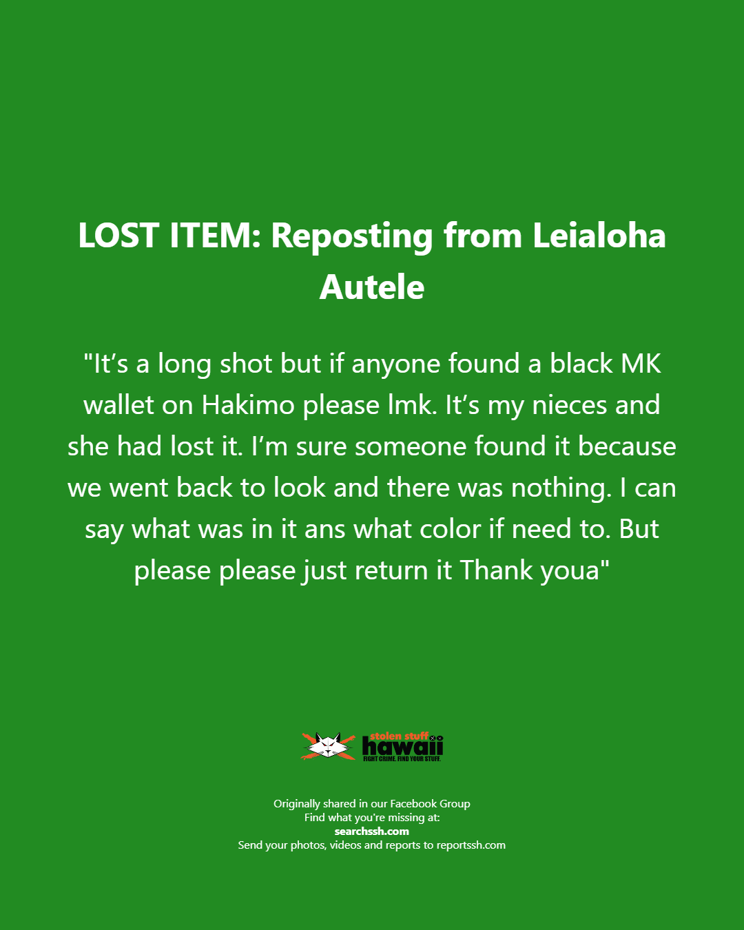 LOST ITEM - Oahu | Stolen Stuff Hawaii