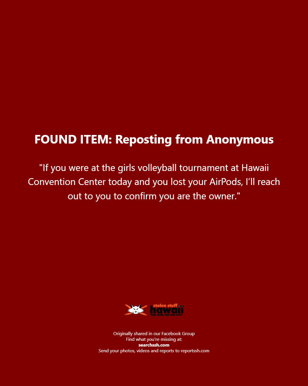 FOUND ITEM - Oahu | Stolen Stuff Hawaii
