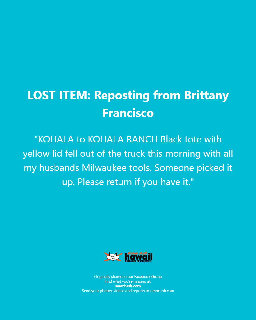 LOST ITEM - Oahu | Stolen Stuff Hawaii