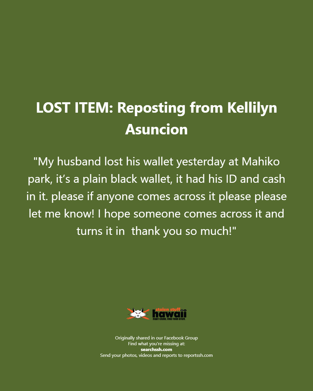 LOST ITEM - Oahu | Stolen Stuff Hawaii