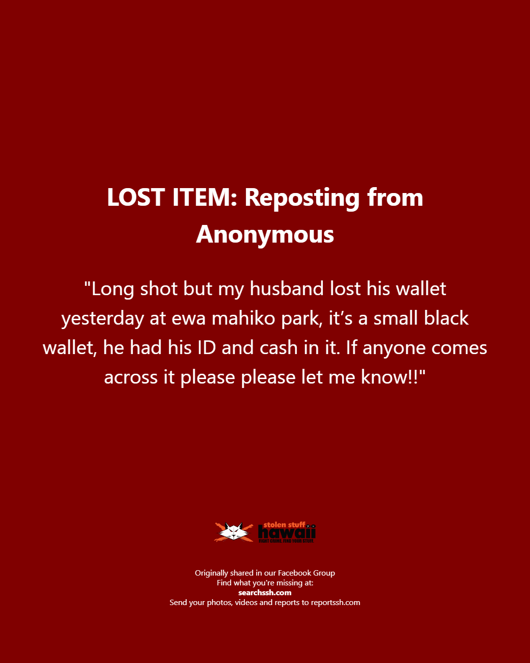 LOST ITEM - Oahu | Stolen Stuff Hawaii