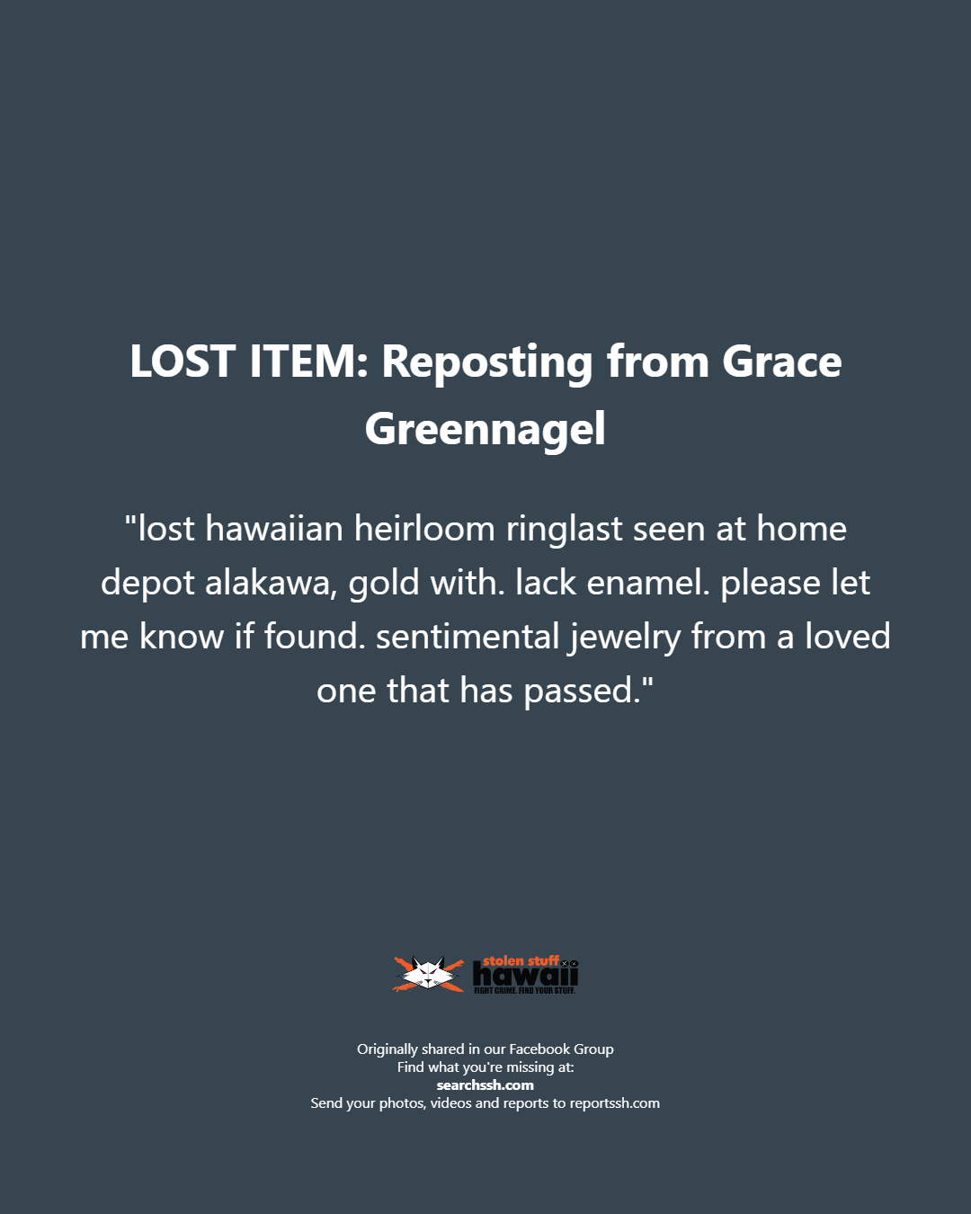 LOST ITEM - Oahu | Stolen Stuff Hawaii