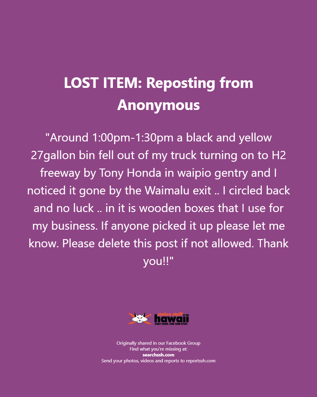 LOST ITEM - Oahu | Stolen Stuff Hawaii