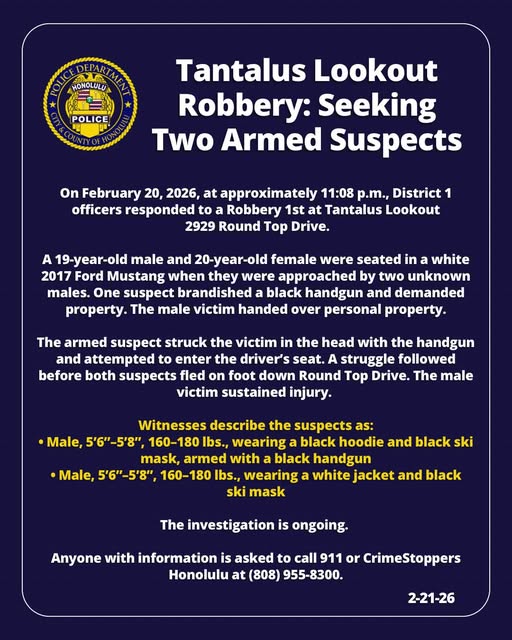 ROBBERY - Tantalus Lookout | Stolen Stuff Hawaii