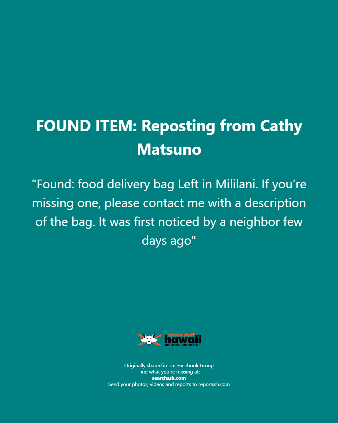 FOUND ITEM - Oahu | Stolen Stuff Hawaii