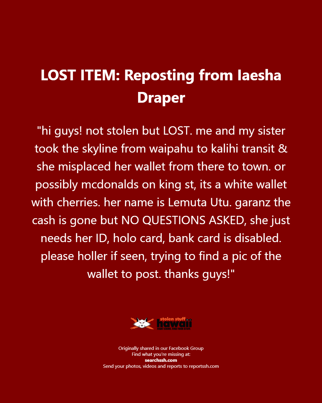 LOST ITEM - Oahu | Stolen Stuff Hawaii