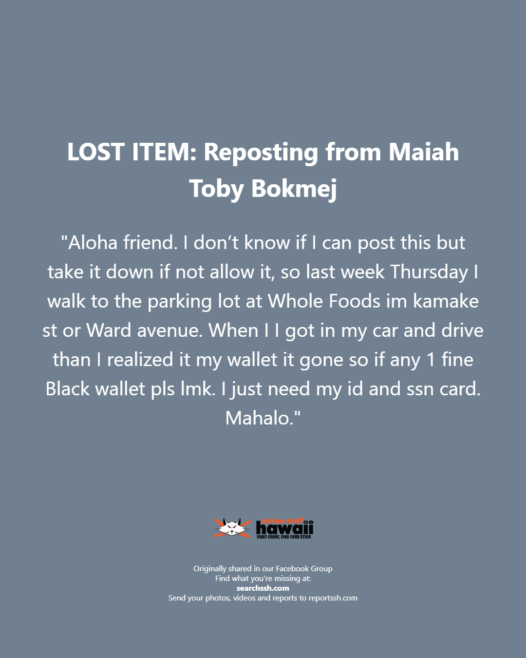LOST ITEM - Oahu | Stolen Stuff Hawaii