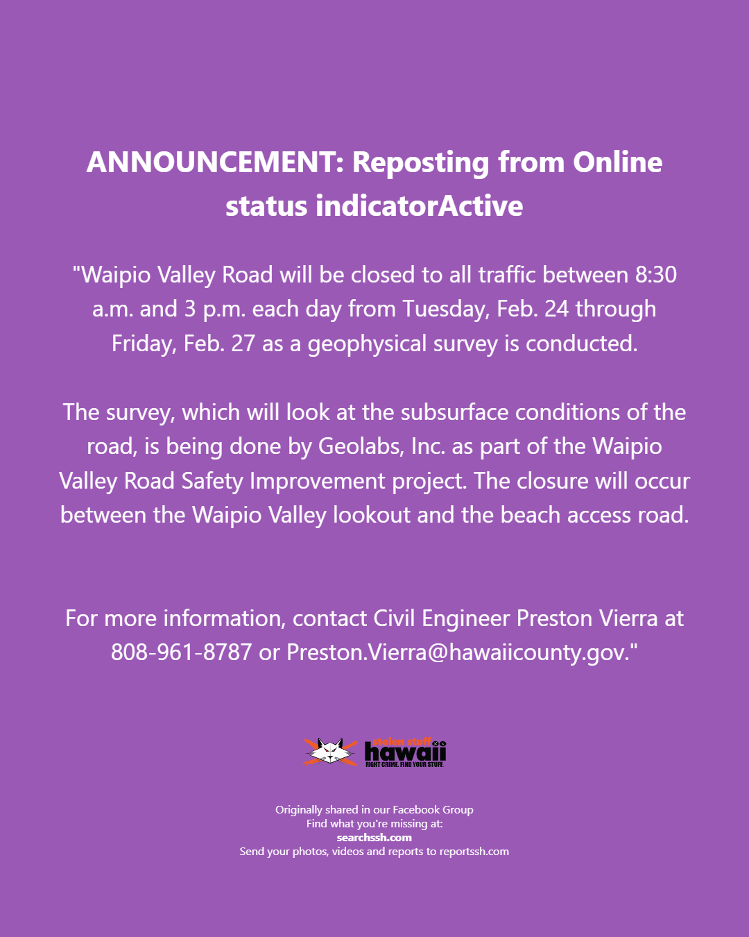 ANNOUNCEMENT - Oahu | Stolen Stuff Hawaii