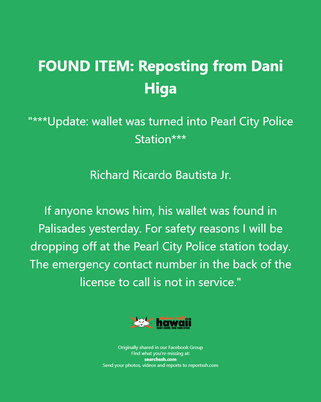 FOUND ITEM - Oahu | Stolen Stuff Hawaii