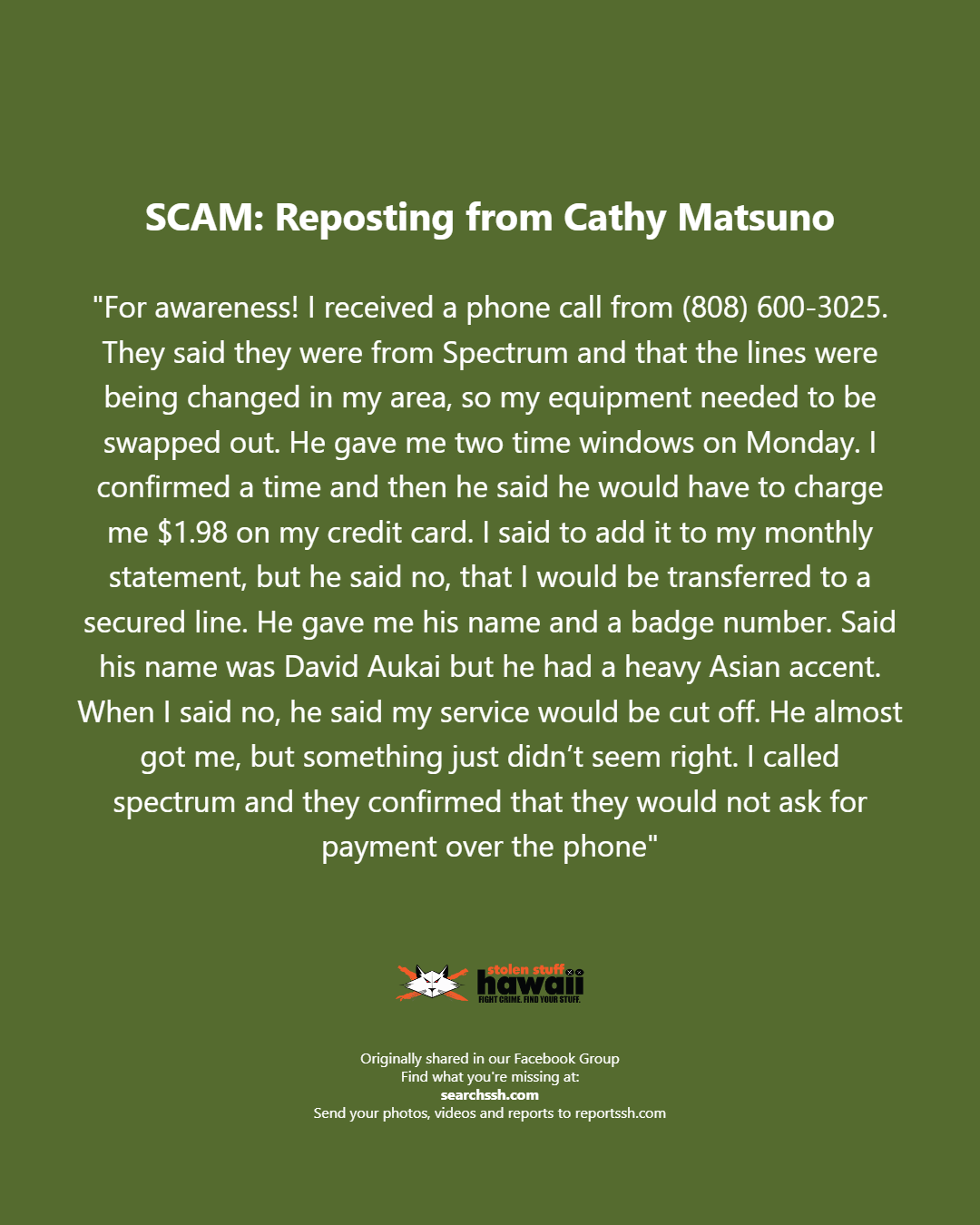 SCAM - Oahu | Stolen Stuff Hawaii