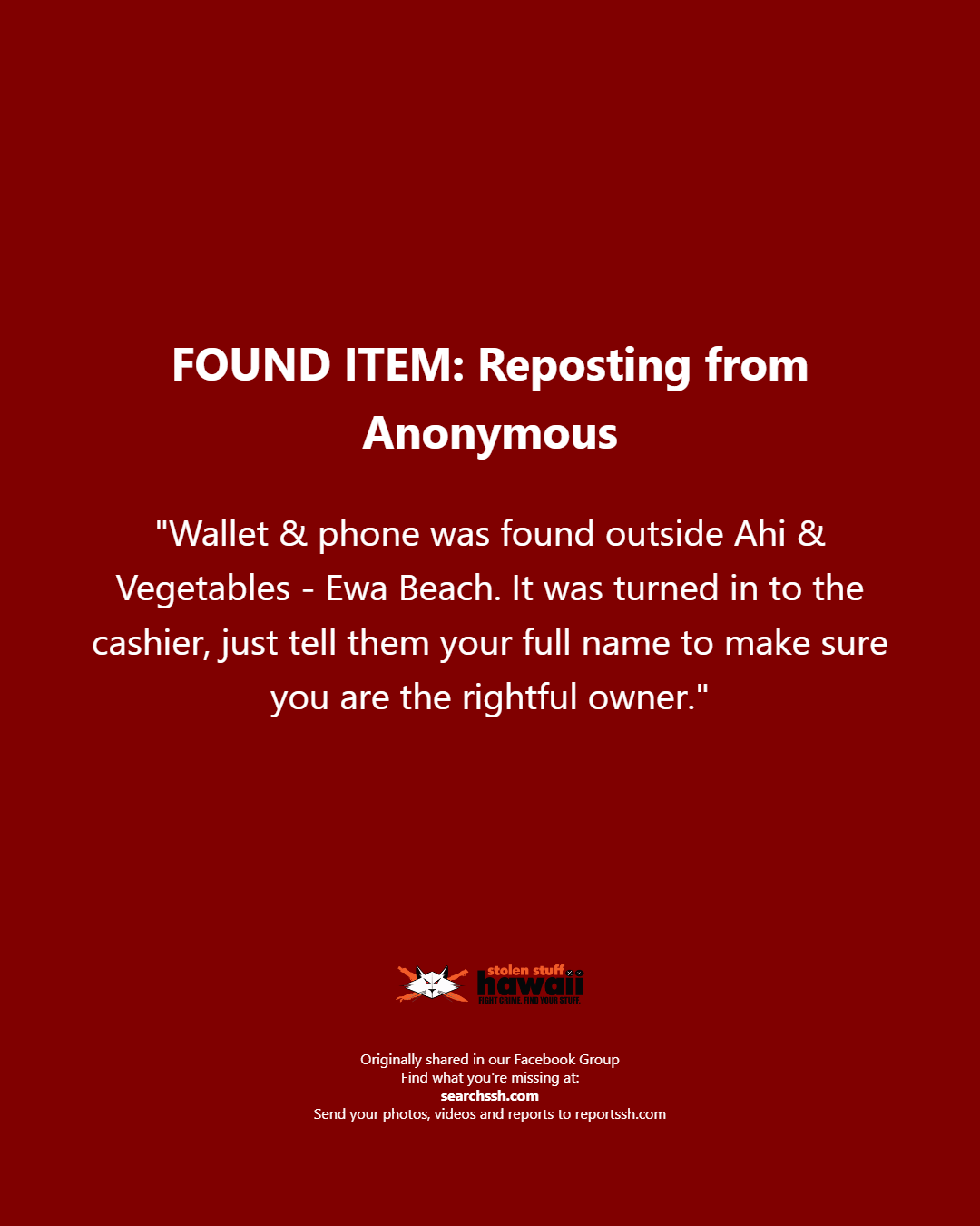 FOUND ITEM - Ahi & Vegetables Ewa Beach | Stolen Stuff Hawaii