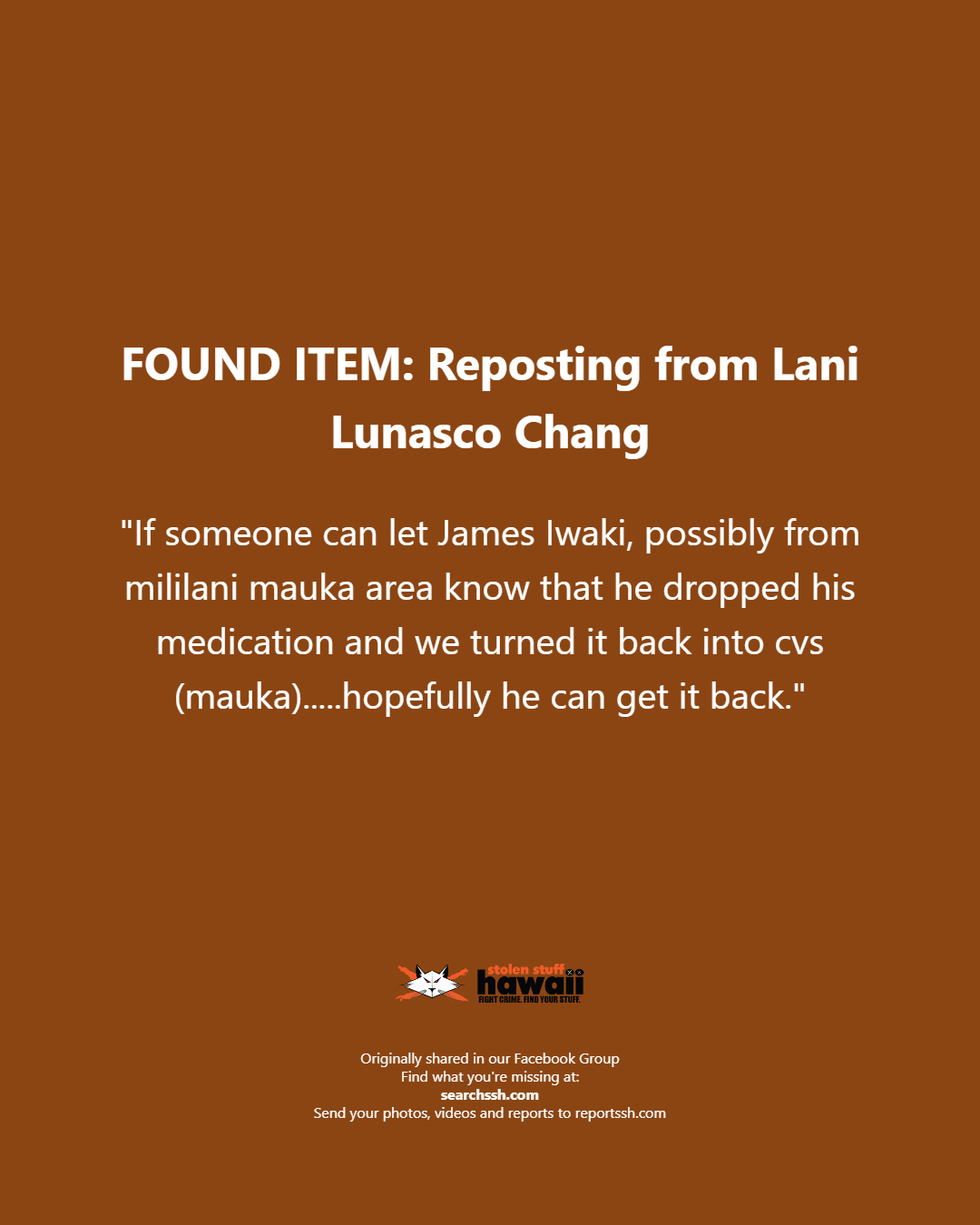 FOUND ITEM - Oahu | Stolen Stuff Hawaii