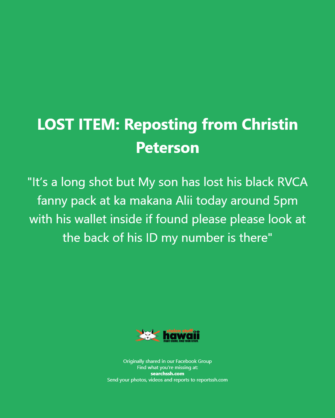 LOST ITEM - Oahu | Stolen Stuff Hawaii
