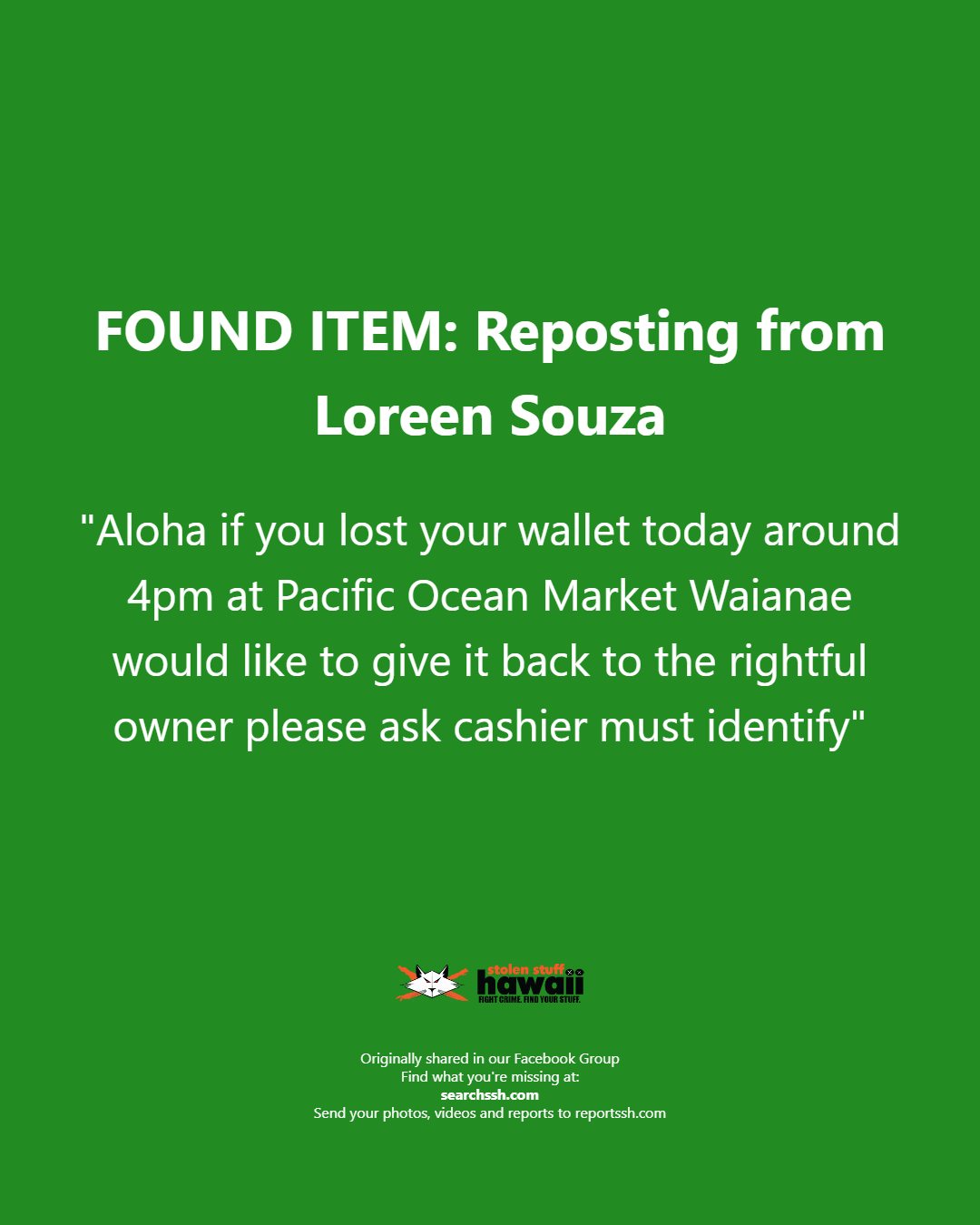 FOUND ITEM - Oahu | Stolen Stuff Hawaii