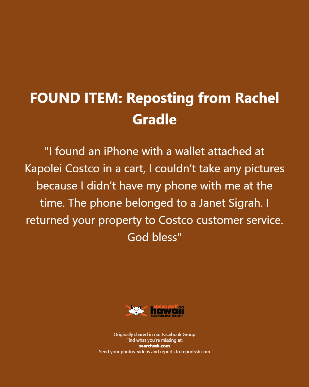 FOUND ITEM - Oahu | Stolen Stuff Hawaii