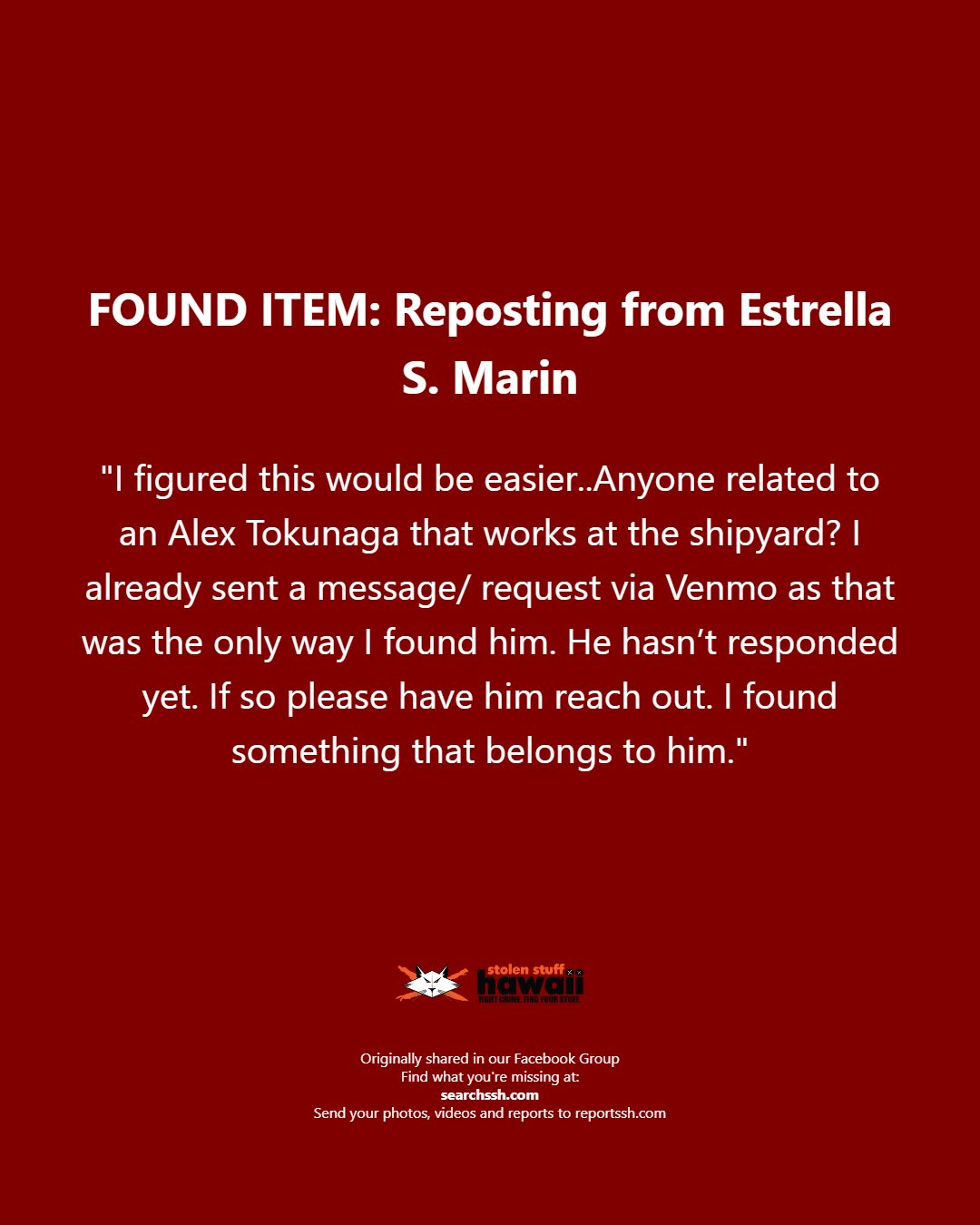 FOUND ITEM - Oahu | Stolen Stuff Hawaii