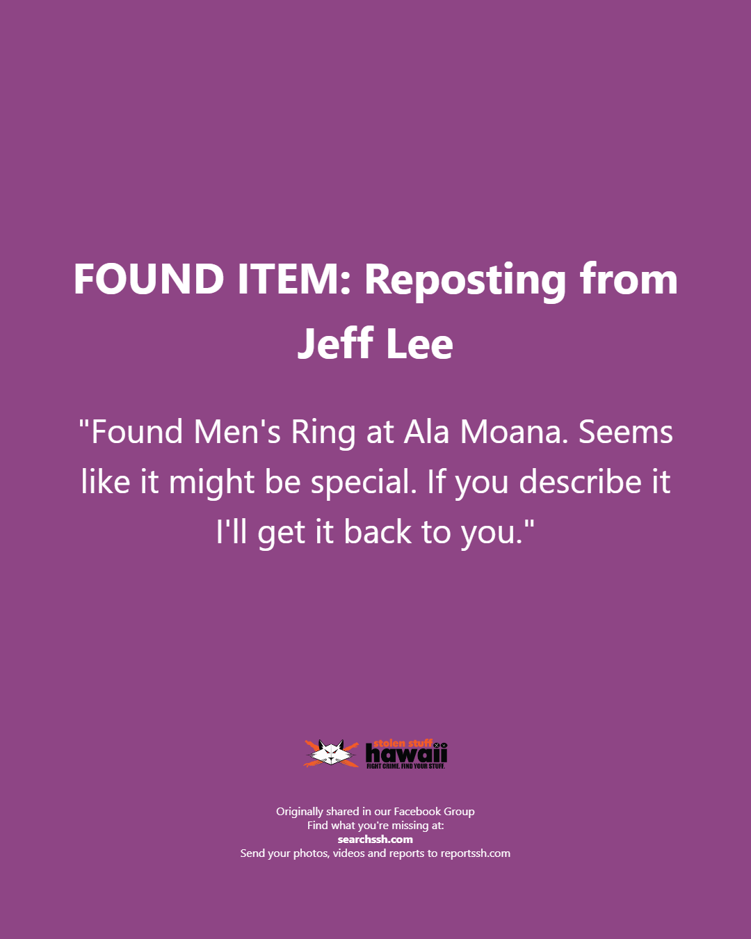 FOUND ITEM - Oahu | Stolen Stuff Hawaii