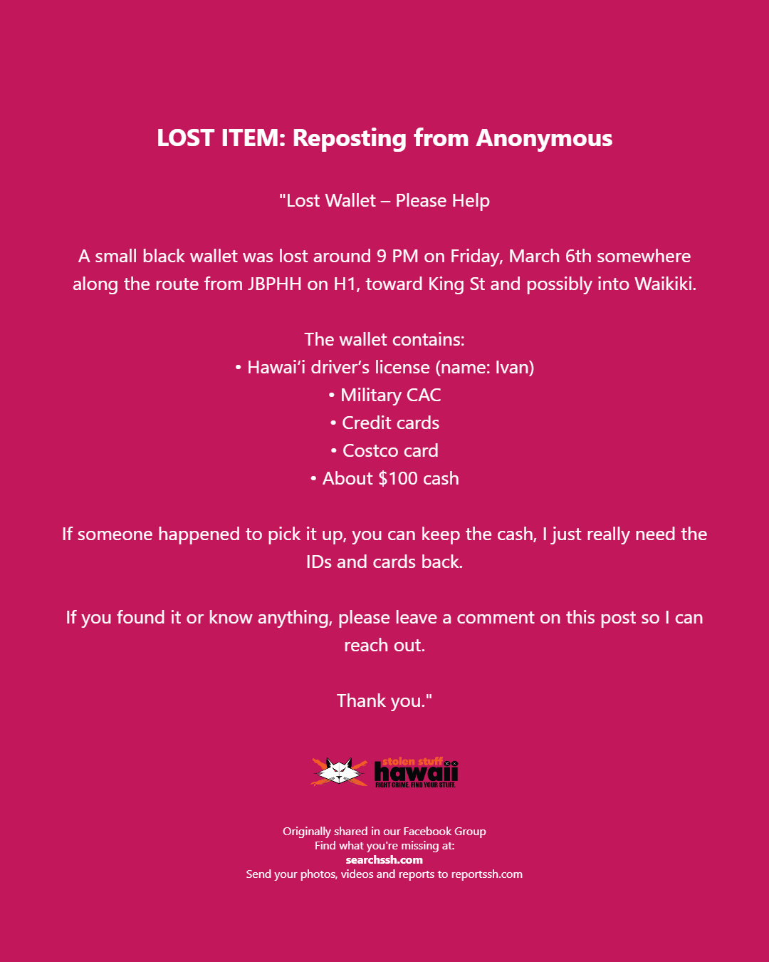 LOST ITEM - Oahu | Stolen Stuff Hawaii