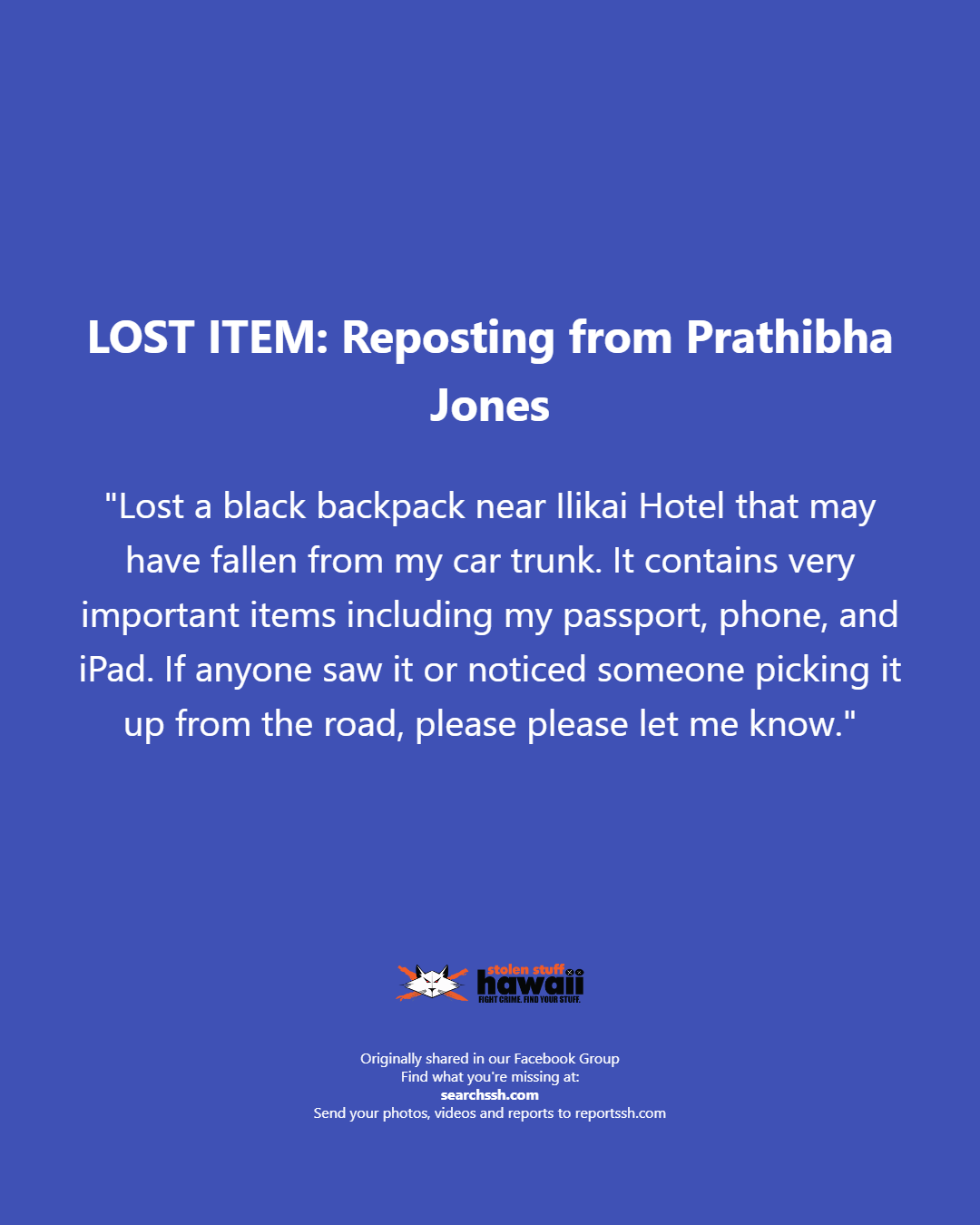 LOST ITEM - Oahu | Stolen Stuff Hawaii