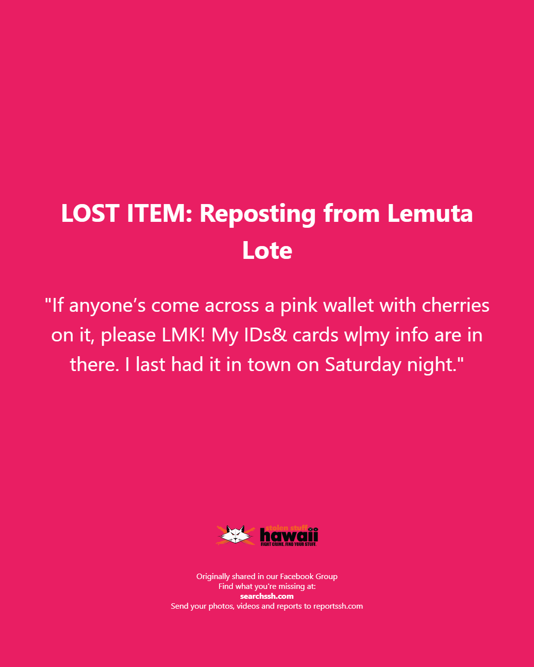 LOST ITEM - Oahu | Stolen Stuff Hawaii