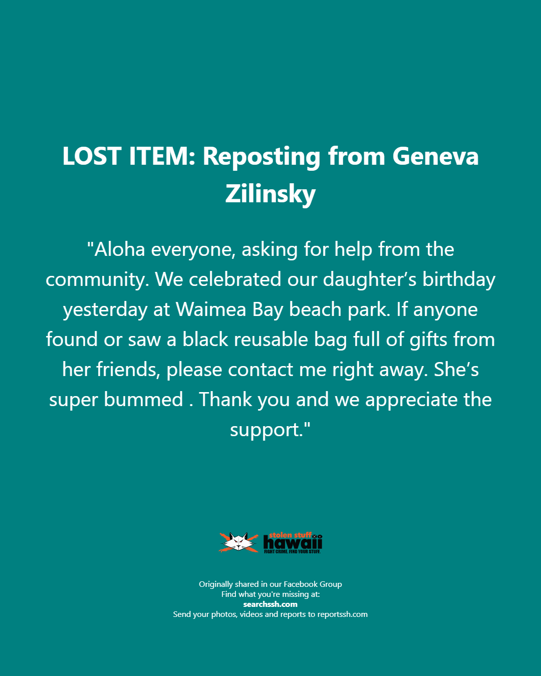 LOST ITEM - Oahu | Stolen Stuff Hawaii