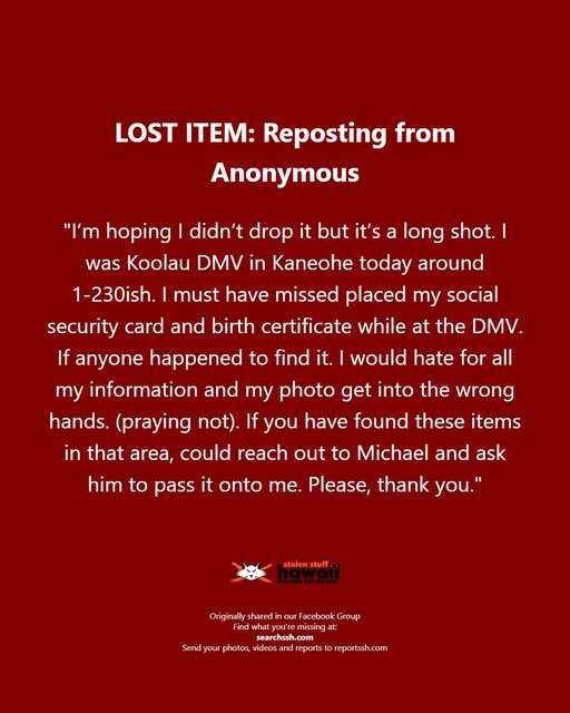 LOST ITEM - Oahu | Stolen Stuff Hawaii