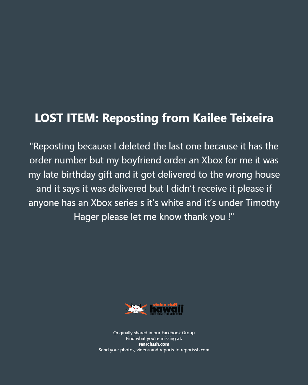 LOST ITEM - Oahu | Stolen Stuff Hawaii