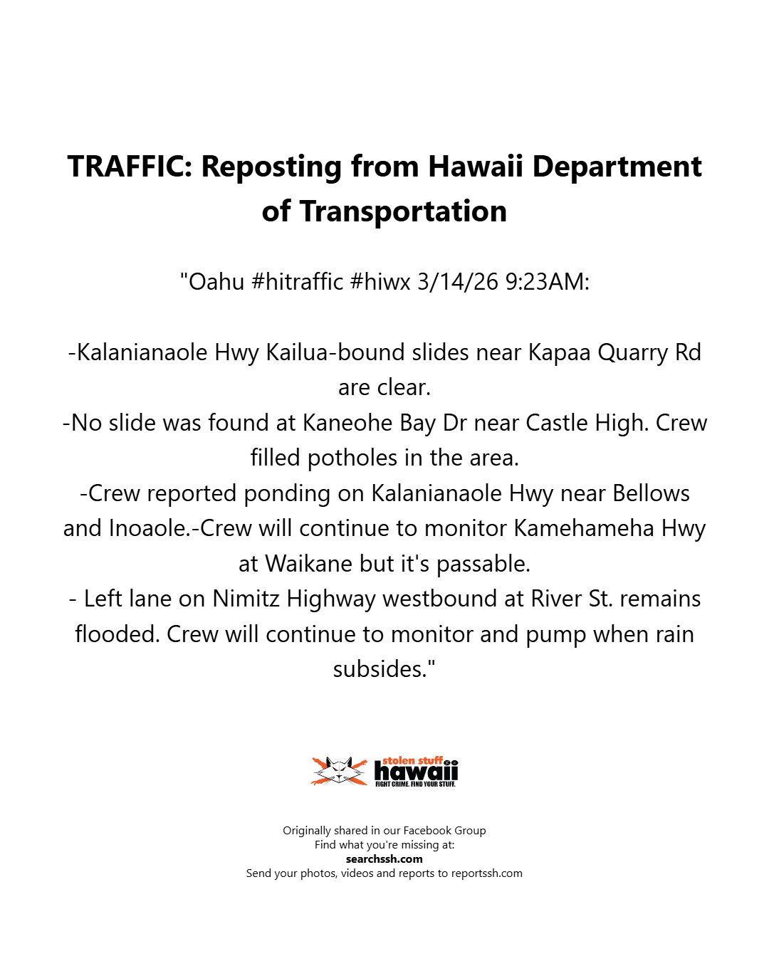 TRAFFIC - Oahu | Stolen Stuff Hawaii