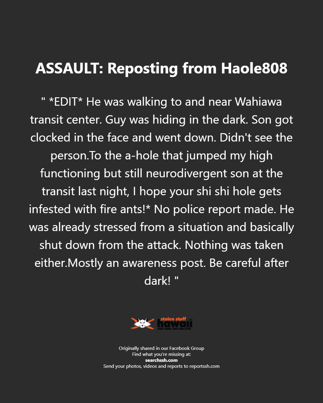 ASSAULT - Oahu | Stolen Stuff Hawaii