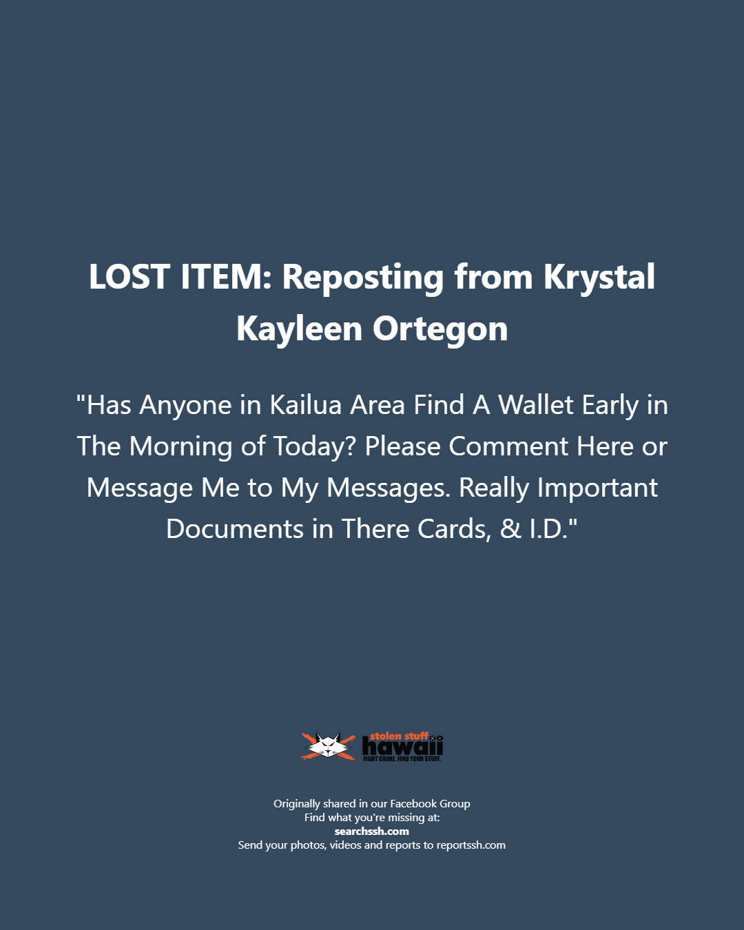 LOST ITEM - Oahu | Stolen Stuff Hawaii