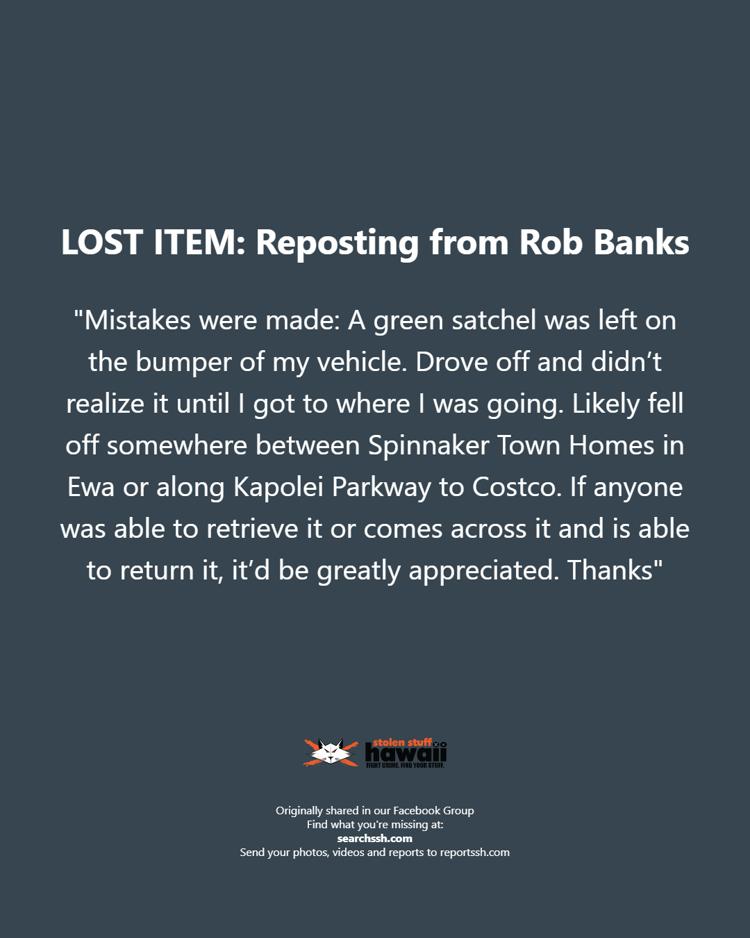 LOST ITEM - Oahu | Stolen Stuff Hawaii